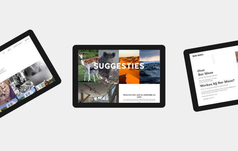 Overview of various pages of Bar Muza's responsive website seen on tablets.