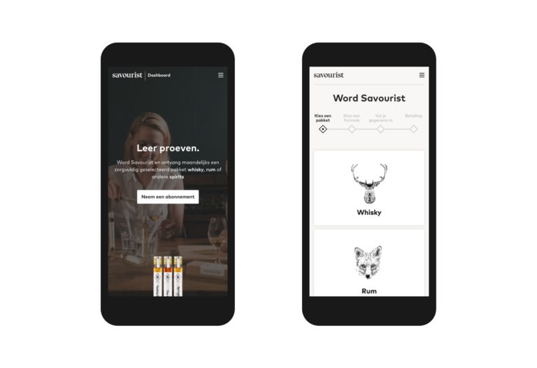 The home page and subscription page of Savourist's mobile website, seen on two smartphones.